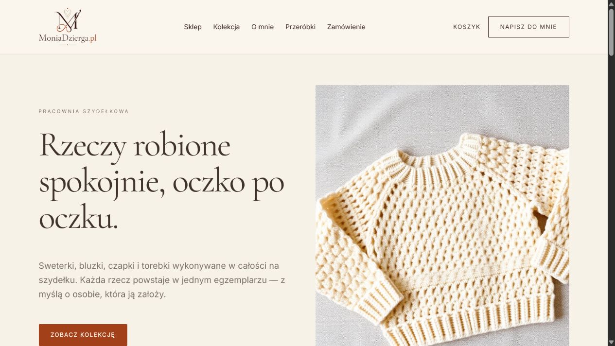 MoniaDzierga.pl - ekran startowy pracowni szydełkowej i sklepu online