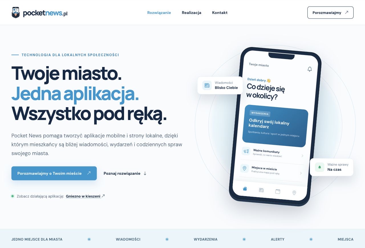 PocketNews.pl – strona platformy aplikacji miejskich