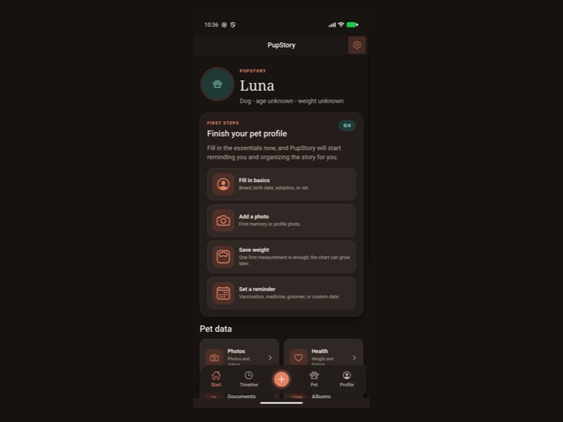 PupStory.app - główna strona aplikacji z profilem pupila